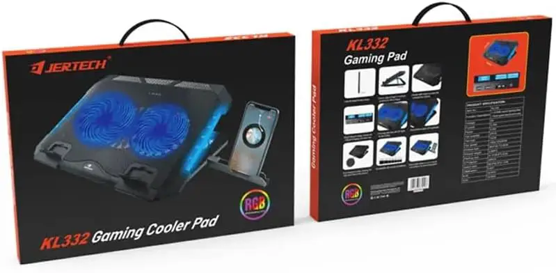 Jertech KL332 Gaming Led Fans RGB Side Lights 2x USB Port Speed Contro Laptop Cooling Pad with Mobile Stand قاعدة تبريد لابتوب بإضاءة جانبية و مروحتين بتحكم مستوى سرعة و منفذين يو اس بي 7 احمِ لابتوبك من الحرارة! اشتري قاعدة تبريد اللابتوب Jertech KL332 بإضاءة RGB جانبية، مروحتين هادئتين مع تحكم بالسرعة، حوامل موبايل و7 مستويات ارتفاع بأفضل سعر في مصر!