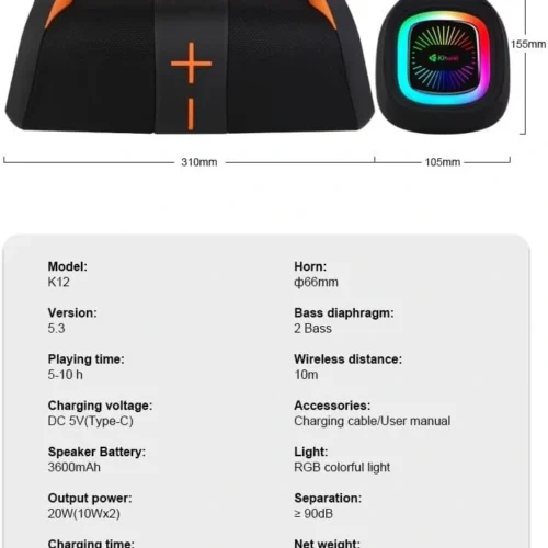 اشتري سماعة Kisonli K12 اللاسلكية بقدرة 20W وبطارية 3600mAh وإضاءة RGB وباس عميق. أفضل سعر سماعة بلوتوث محمولة في مصر مع توصيل سريع.