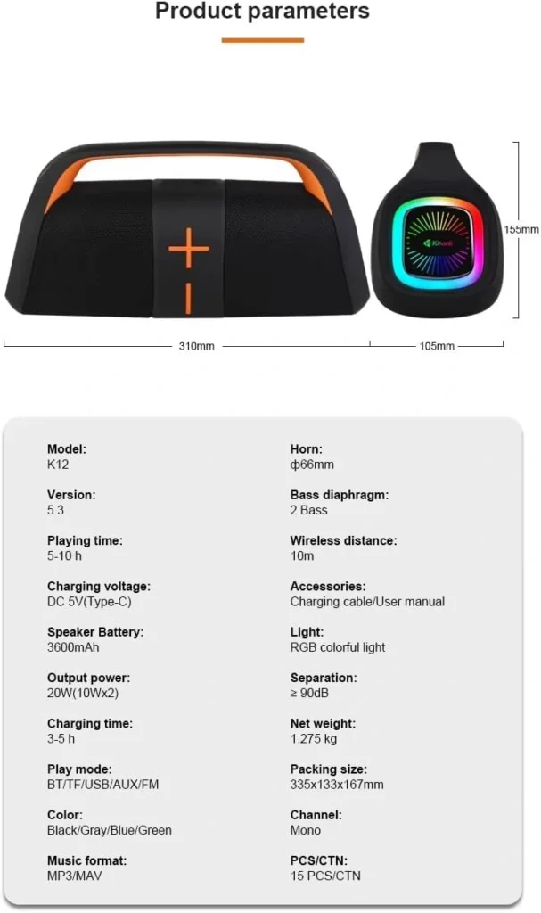 اشتري سماعة Kisonli K12 اللاسلكية بقدرة 20W وبطارية 3600mAh وإضاءة RGB وباس عميق. أفضل سعر سماعة بلوتوث محمولة في مصر مع توصيل سريع.
