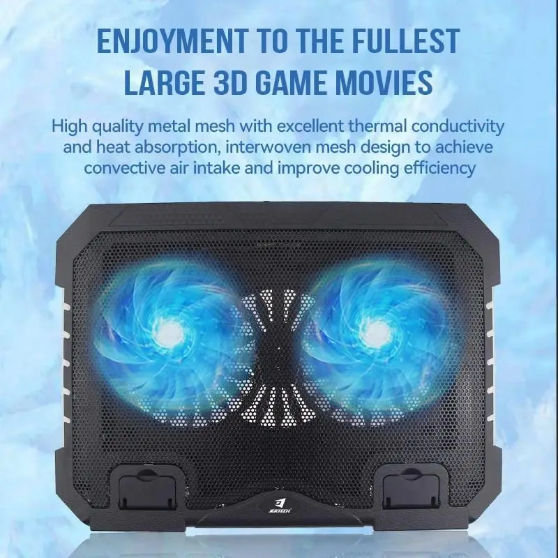 Jertech KL332 Gaming Led Fans RGB Side Lights 2x USB Port Speed Contro Laptop Cooling Pad with Mobile Stand قاعدة تبريد لابتوب بإضاءة جانبية و مروحتين بتحكم مستوى سرعة و منفذين يو اس بي 9 احمِ لابتوبك من الحرارة! اشتري قاعدة تبريد اللابتوب Jertech KL332 بإضاءة RGB جانبية، مروحتين هادئتين مع تحكم بالسرعة، حوامل موبايل و7 مستويات ارتفاع بأفضل سعر في مصر!