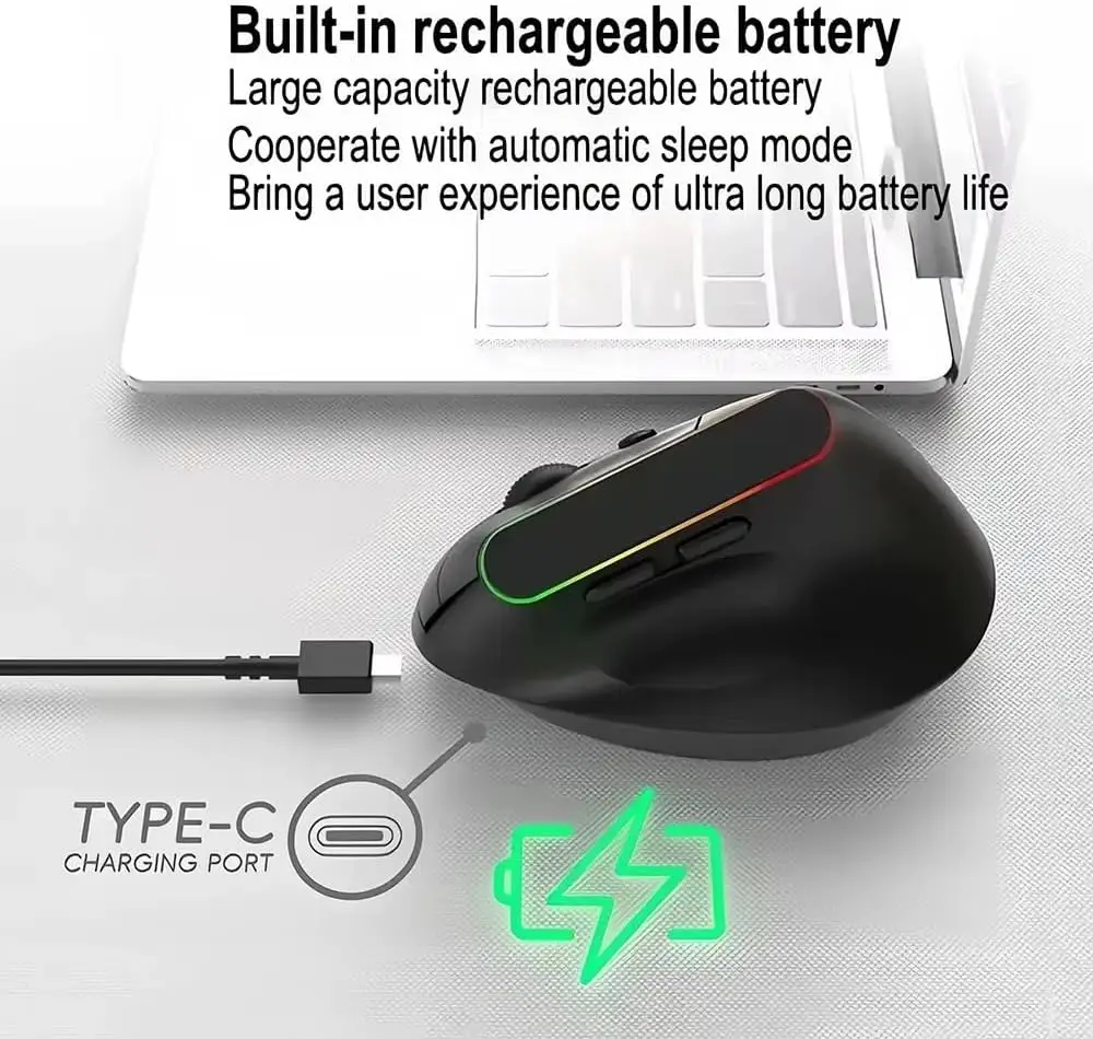 JeDEL W925P Vertical Wireless Dual Mode Wireless Bluetooth 4800 DPI Silent Clicks Recharchable Mouse ماوس وايرلس رأسي قابل للشحن بمستشعر دقة ٤٨٠٠ دي بي آي 5 اشتري ماوس Jedel W925P المريح لليد (Vertical Mouse) بالتوصيل المزدوج (بلوتوث + وايرلس) ودقة تصل إلى 4800DPI. بطارية قابلة للشحن بحجم Type-C وضغطات صامتة. احصل عليه بأفضل سعر في مصر!