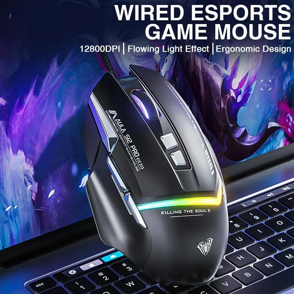 AULA S12 Pro USB Wired Rainbow Backlit Programmable 12800DPI With Side Buttons Gaming Mouse ماوس جيمنج سلكي بدقة تصل إلى ١٢٨٠٠ دي بي آي 3 اشتري ماوس الجيمينج الاحترافي AULA S12 Pro بدقة 12800DPI، 8 أزرار قابلة للبرمجة مع زر Fire Button المخصص، وإضاءة RGB. أفضل أداء وسعر اقتصادي للجيمرز في مصر!
