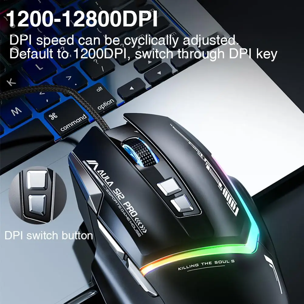 AULA S12 Pro USB Wired Rainbow Backlit Programmable 12800DPI With Side Buttons Gaming Mouse ماوس جيمنج سلكي بدقة تصل إلى ١٢٨٠٠ دي بي آي 4 اشتري ماوس الجيمينج الاحترافي AULA S12 Pro بدقة 12800DPI، 8 أزرار قابلة للبرمجة مع زر Fire Button المخصص، وإضاءة RGB. أفضل أداء وسعر اقتصادي للجيمرز في مصر!
