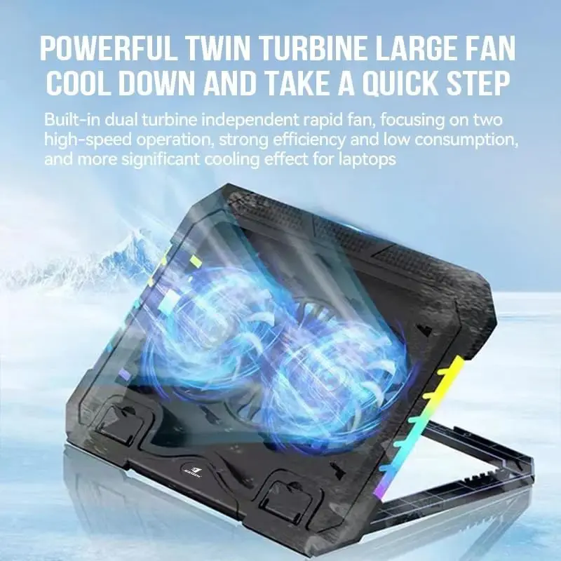 Jertech KL332 Gaming Led Fans RGB Side Lights 2x USB Port Speed Contro Laptop Cooling Pad with Mobile Stand قاعدة تبريد لابتوب بإضاءة جانبية و مروحتين بتحكم مستوى سرعة و منفذين يو اس بي 8 احمِ لابتوبك من الحرارة! اشتري قاعدة تبريد اللابتوب Jertech KL332 بإضاءة RGB جانبية، مروحتين هادئتين مع تحكم بالسرعة، حوامل موبايل و7 مستويات ارتفاع بأفضل سعر في مصر!