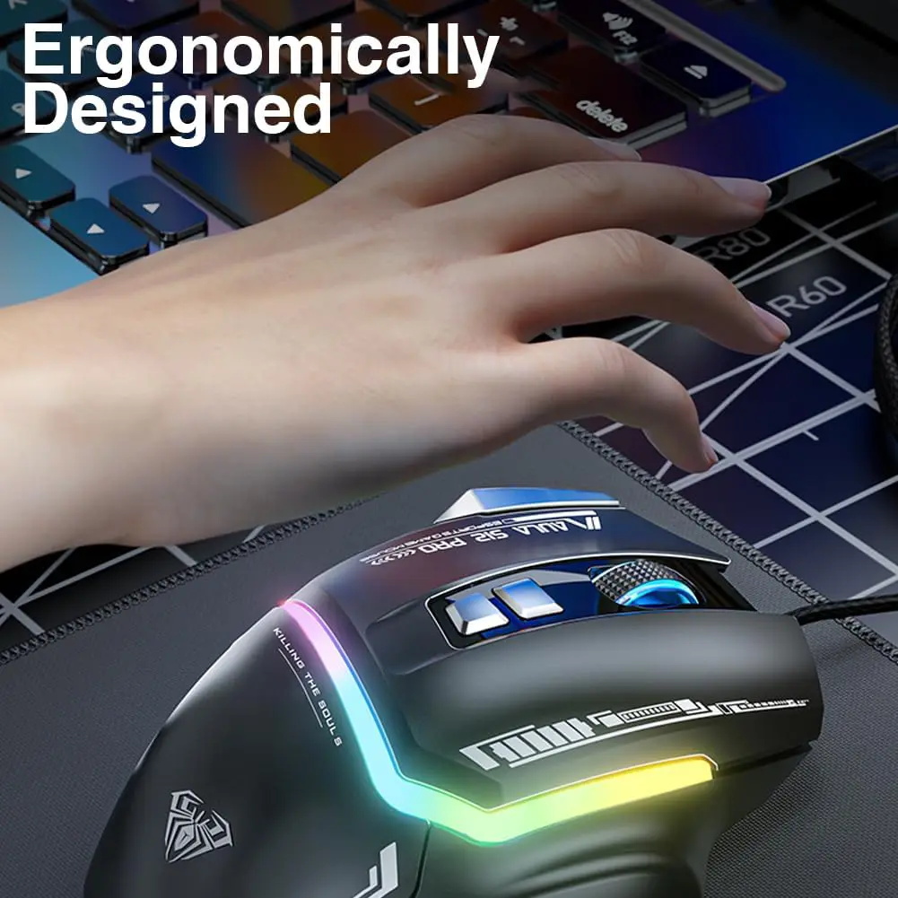 AULA S12 Pro USB Wired Rainbow Backlit Programmable 12800DPI With Side Buttons Gaming Mouse ماوس جيمنج سلكي بدقة تصل إلى ١٢٨٠٠ دي بي آي 7 اشتري ماوس الجيمينج الاحترافي AULA S12 Pro بدقة 12800DPI، 8 أزرار قابلة للبرمجة مع زر Fire Button المخصص، وإضاءة RGB. أفضل أداء وسعر اقتصادي للجيمرز في مصر!