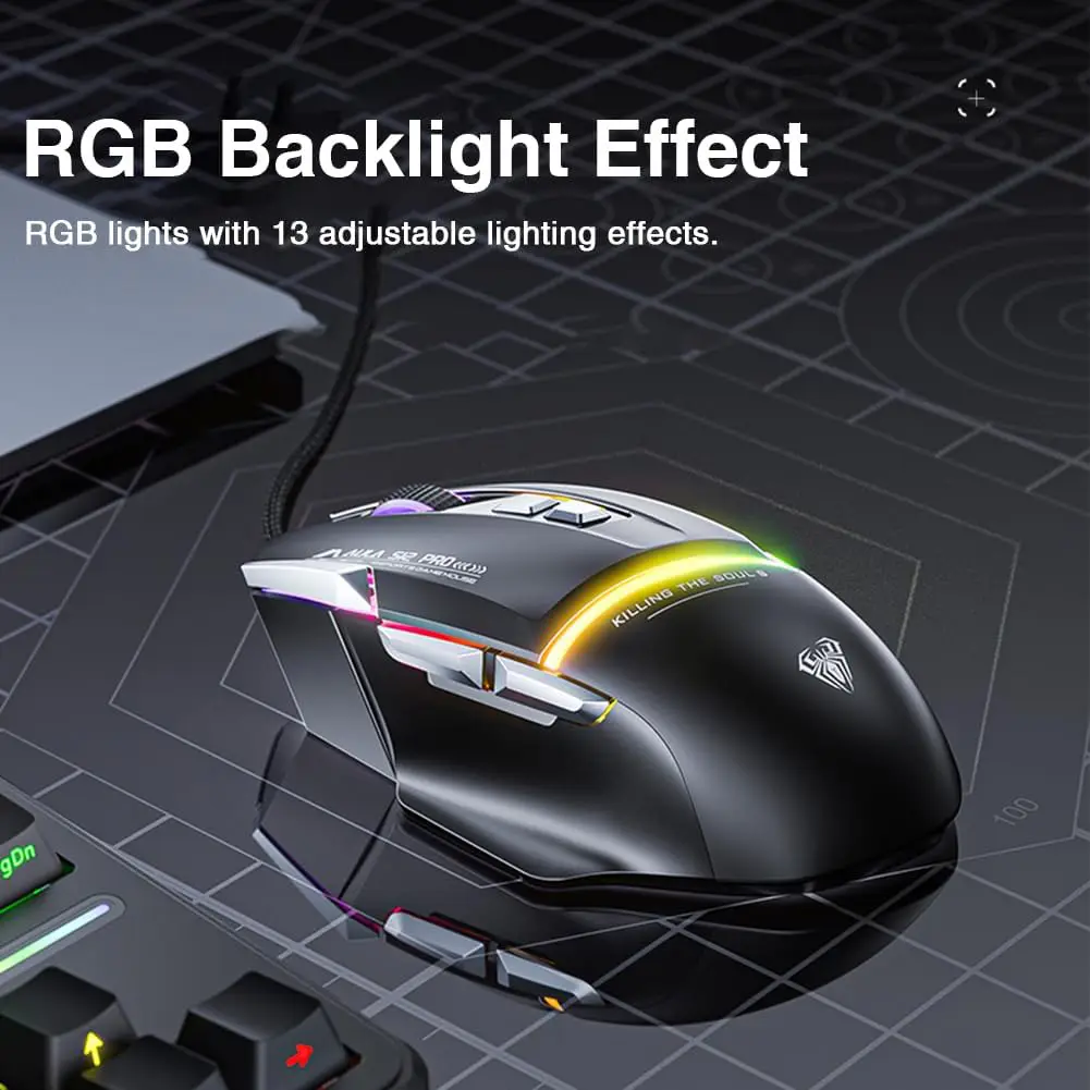 AULA S12 Pro USB Wired Rainbow Backlit Programmable 12800DPI With Side Buttons Gaming Mouse ماوس جيمنج سلكي بدقة تصل إلى ١٢٨٠٠ دي بي آي 8 اشتري ماوس الجيمينج الاحترافي AULA S12 Pro بدقة 12800DPI، 8 أزرار قابلة للبرمجة مع زر Fire Button المخصص، وإضاءة RGB. أفضل أداء وسعر اقتصادي للجيمرز في مصر!