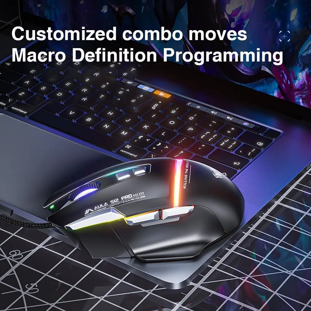 AULA S12 Pro USB Wired Rainbow Backlit Programmable 12800DPI With Side Buttons Gaming Mouse ماوس جيمنج سلكي بدقة تصل إلى ١٢٨٠٠ دي بي آي 6 اشتري ماوس الجيمينج الاحترافي AULA S12 Pro بدقة 12800DPI، 8 أزرار قابلة للبرمجة مع زر Fire Button المخصص، وإضاءة RGB. أفضل أداء وسعر اقتصادي للجيمرز في مصر!