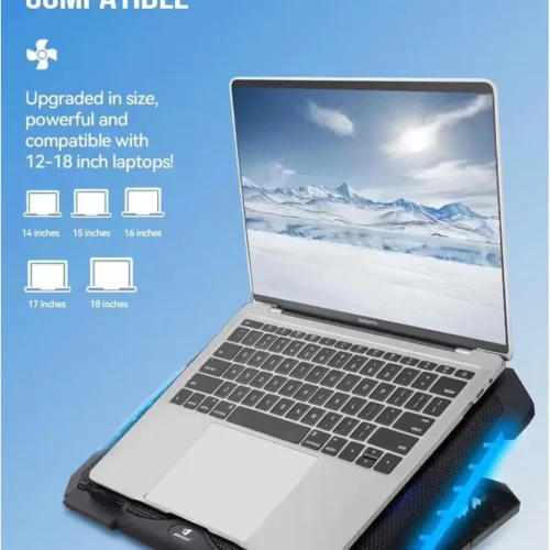احمِ لابتوبك من الحرارة! اشتري قاعدة تبريد اللابتوب Jertech KL332 بإضاءة RGB جانبية، مروحتين هادئتين مع تحكم بالسرعة، حوامل موبايل و7 مستويات ارتفاع بأفضل سعر في مصر!