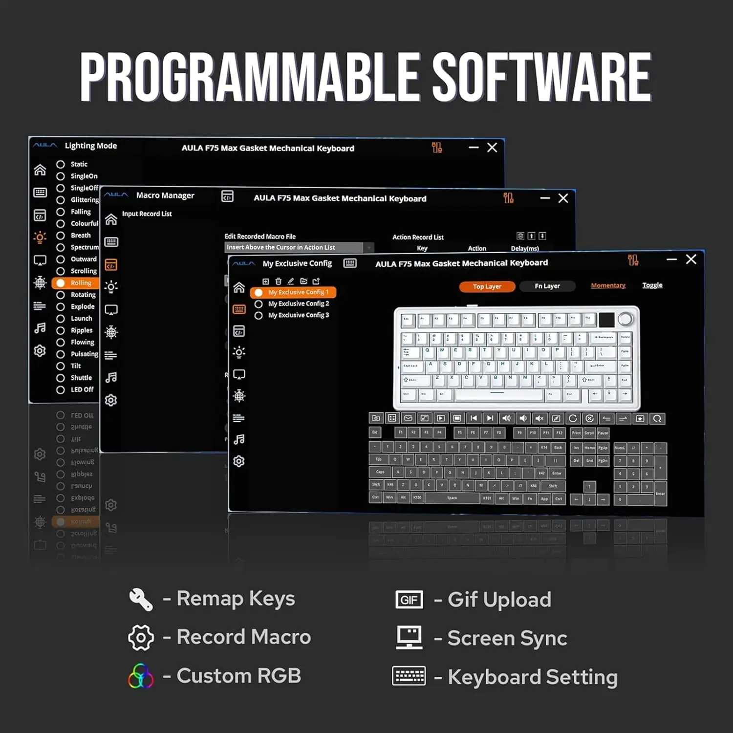 AULA F75 MAX Side-Engraved 75% Control Screen Wireless Mechanical Keyboard Gradient Gray / Reaper Switch Creamy Click كيبورد جيمينج ميكانيكال بحجم ٧٥ فالمية و نقرات بقمة السلاسة 7 اشتري كيبورد AULA F75 MAX الاحترافية شطب جانبي (Gradient Gray). سويتشات Reaper المتميزة بصوت Creamy Thock، شاشة TFT، بكرة مجسمة، و3 طرق توصيل. اطلبها بأفضل سعر في مصر!