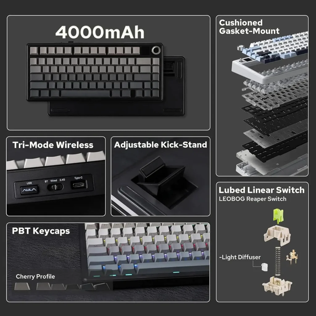 Home 62 اشتري كيبورد AULA F75 MAX الاحترافية شطب جانبي (Gradient Gray). سويتشات Reaper المتميزة بصوت Creamy Thock، شاشة TFT، بكرة مجسمة، و3 طرق توصيل. اطلبها بأفضل سعر في مصر!