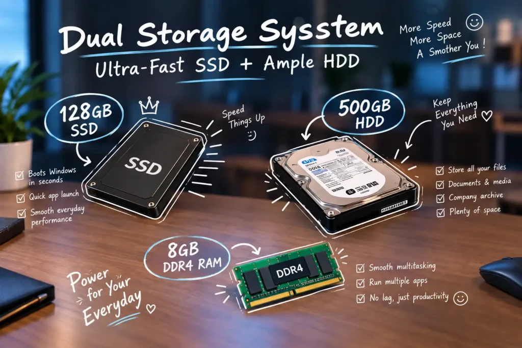 Dual Storage System: Ultra-Fast SSD + Ample HDD لتوفير السرعة الاستثنائية وسعة التخزين الضخمة في وقت واحد، تم تزويد الجهاز بنظام تخزين مزدوج (Hybrid Storage): 128GB SSD: لإقلاع نظام التشغيل Windows في ثوانٍ معدودة وسرعة تشغيل البرامج اليومية المباشرة. 500GB HDD: لتخزين كافة الملفات، المستندات، أرشيف الشركة، والوسائط المتعددة بمرونة وأمان تام. 8GB DDR4 RAM: ذاكرة عشوائية عالية السرعة تتيح لك التنقل السلس بين البرامج والمهام المتعددة بدون أي تأخير.