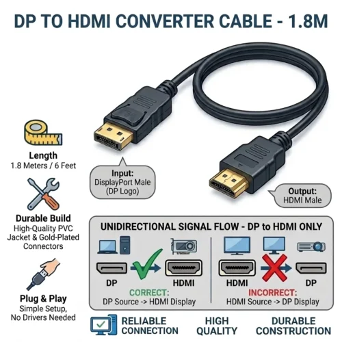 وصل جهاز الكمبيوتر أو كارت الشاشة بجميع شاشات التلفزيون بتحويلة DisplayPort to HDMI. متوفر الآن بإصدارين: Full HD 1080p و 4K Ultra HD. كابل Be-Connected بطول 1.8 متر بأفضل سعر في مصر مع ضمان محلي!