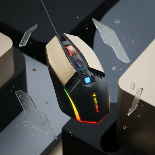 اشتري ماوس جيمنج سلكي JERTECH JR800 Rumble في مصر. قاعدة معدنية متينة، إضاءة RGB Chroma، معدل استجابة Polling Rate حتى 1000Hz، ودعم ماكرو للألعاب.