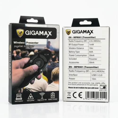 اشتري ريموت تقديم المحاضرات والعروض Gigamax K100 Plus في مصر. اتصال لاسلكي 2.4GHz بمدى يصل حتى 100 متر، مؤشر ليزر أحمر قوي، 5 أزرار تحكم، وتوصيل مباشر بدون تعريفات!
