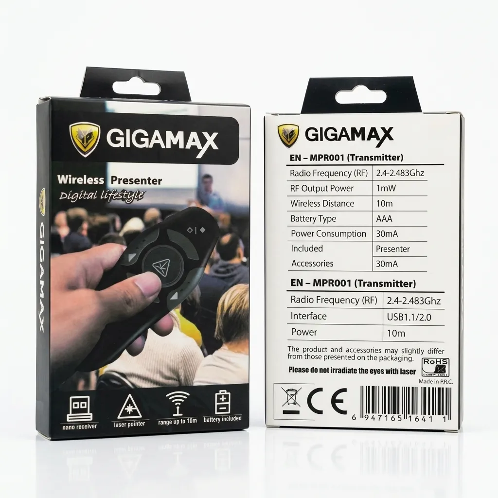 Gigamax K100 Plus Wireless Multimedia Wireless Presentation Clicker with USB Receiver and Laser Pointer Presenter ريموت لتقديم المحاضرات و الباور بوينت وايرلس 7 اشتري ريموت تقديم المحاضرات والعروض Gigamax K100 Plus في مصر. اتصال لاسلكي 2.4GHz بمدى يصل حتى 100 متر، مؤشر ليزر أحمر قوي، 5 أزرار تحكم، وتوصيل مباشر بدون تعريفات!