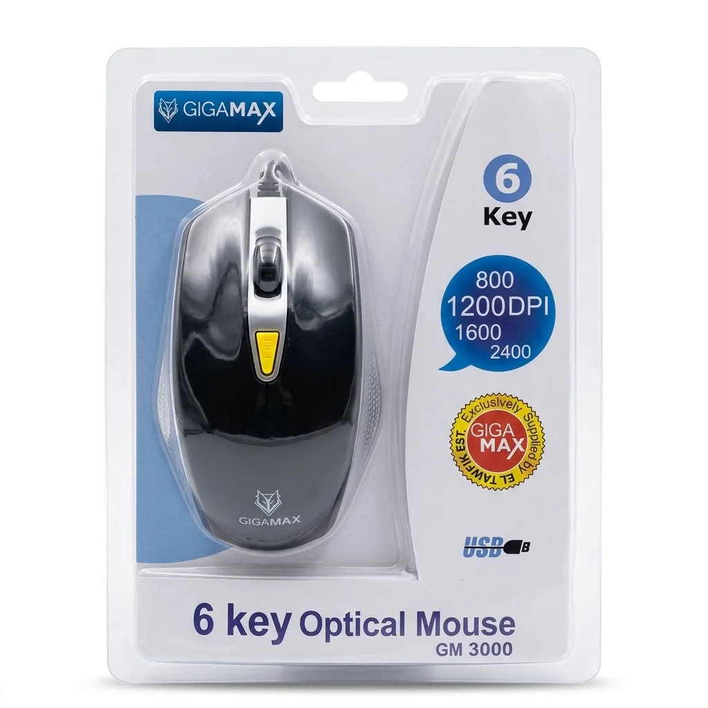 Gigamax Gm3000 USB Wired 6 Keys 2400Dpi Gaming Mouse ماوس جيمنج سلكي ب ٦ أزرار و مستشعر ٢٤٠٠ دي بي آي 6 اشتري ماوس جيمنج Gigamax GM3000 بـ 6 أزرار ومستشعر 2400DPI قابل للتعديل. تصميم مريح وسلك 1.8 متر للسيبرات والألعاب والعمل اليومي بأفضل سعر إكسسوارات كمبيوتر في مصر!