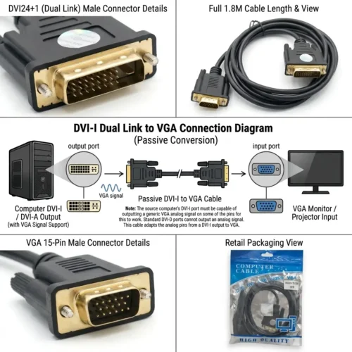 وصل كارت الشاشة أو الكمبيوتر بمخرج DVI-I (24+1) بشاشات والبروجكتور بمدخل VGA بوضوح 1080P Full HD. كابل Be-Connected بطول 1.8 متر برؤوس مطلية بالذهب DVI-I to VGA. اطلبه الآن بأفضل سعر في مصر!