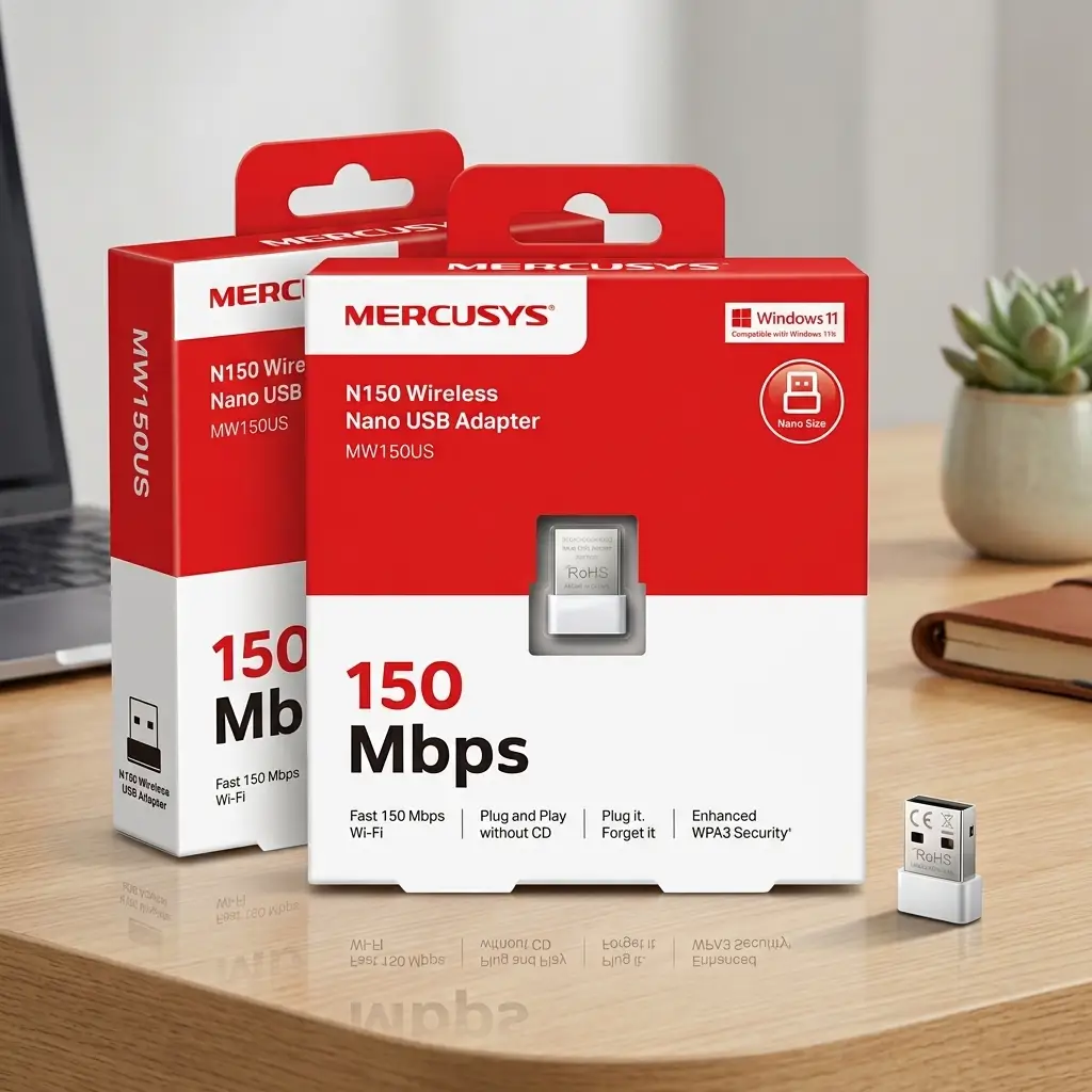 Mercusys MW150US Wireless USB Adapter 150Mbps يو اس بي واي فاي/دونجل واي فاي بسرعة ١٥٠ ميجا بايت فالثانية 3 اشتري دونجل واي فاي Mercusys MW150US بسرعة 150Mbps وحجم ميني نانو للكمبيوتر واللابتوب. حل سريع واقتصادي للاتصال بالإنترنت مع ضمان رسمي في مصر!