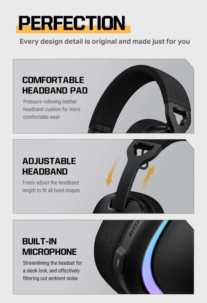 Onikuma GT805 4-Mode RGB Gaming Headset 2.4G Wired + Bluetooth سماعة هيدفون جيمينج إحترافية بتقنية إقتران ثلاثية 18 اشتري سماعة الجيمينج الاحترافية Onikuma GT805 بأربعة أوضاع توصيل (2.4G USB & Type-C + Bluetooth 5.4 + سلكي). بطارية ضخمة 1000mAh تدوم حتى 60 ساعة، مشغلات 50mm، صوت محيطي، ومايك مدمج بأفضل قيمة في مصر!