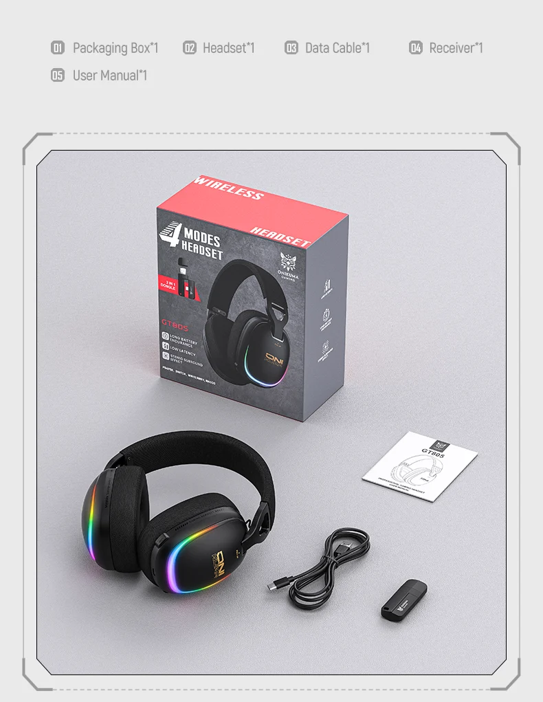 Onikuma GT805 4-Mode RGB Gaming Headset 2.4G Wired + Bluetooth سماعة هيدفون جيمينج إحترافية بتقنية إقتران ثلاثية 20 اشتري سماعة الجيمينج الاحترافية Onikuma GT805 بأربعة أوضاع توصيل (2.4G USB & Type-C + Bluetooth 5.4 + سلكي). بطارية ضخمة 1000mAh تدوم حتى 60 ساعة، مشغلات 50mm، صوت محيطي، ومايك مدمج بأفضل قيمة في مصر!