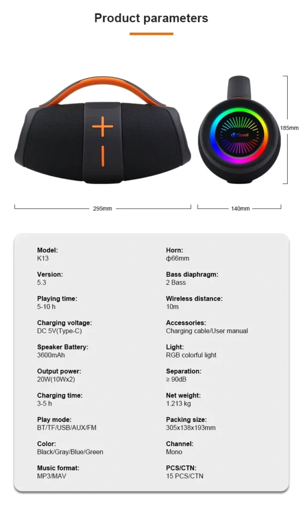اشتري سماعة Kisonli K13 اللاسلكية بقدرة 20W وبطارية 3600mAh مع إضاءة RGB وباس قوي. أفضل سعر سماعة بلوتوث محمولة في مصر مع توصيل سريع.