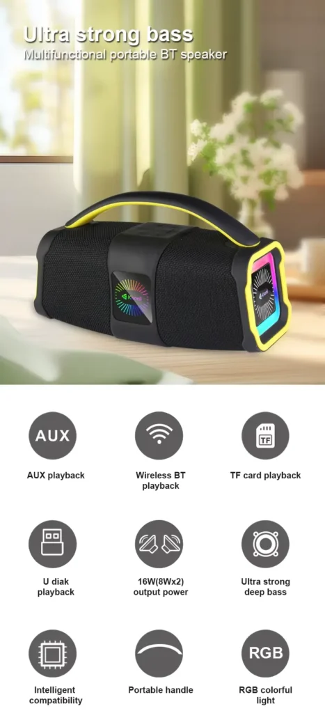 اشتري سماعة Kisonli K5 اللاسلكية بقدرة 20W وبطارية 3600mAh مع إضاءة RGB وتقنية TWS وباس قوي. أفضل سعر سماعة بلوتوث محمولة في مصر مع توصيل سريع.