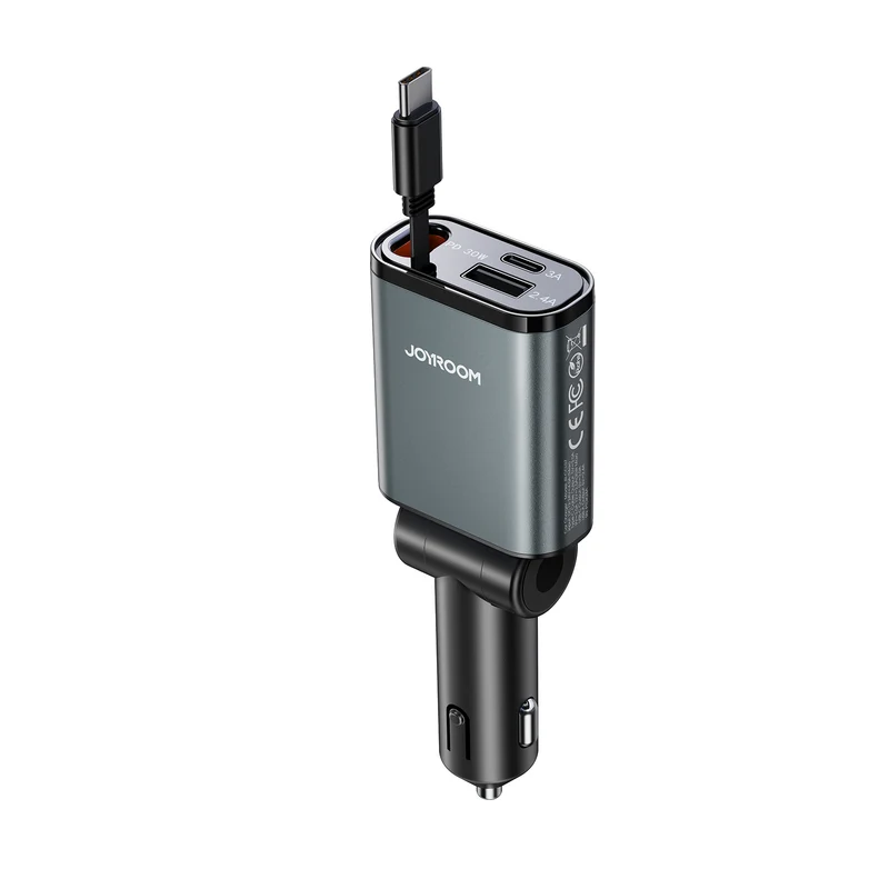 JOYROOM JR-CCL07 3-in-1 Retractable Type-C Cable Ultra-Slim 60W Car Charger شاحن سيارة بكابل تايب سي قابللاللسحب بقدرة ٦٠ واط و منافذ متعدده 6 اشحن اللابتوب والموبايل في عربيتك بقدرة 60W! اشتري شاحن السيارة الذكي JOYROOM JR-CCL07 بكابل تايب سي 45W قابل للسحب ومنافذ متعددة بأفضل سعر إكسسوارات سيارات في مصر!