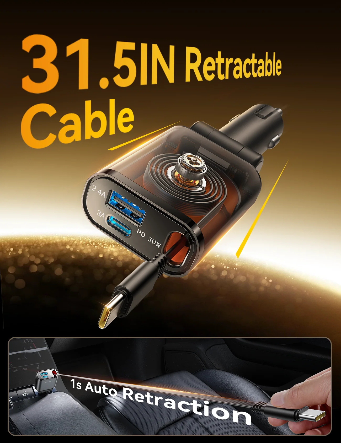 JOYROOM JR-CCL07 3-in-1 Retractable Type-C Cable Ultra-Slim 60W Car Charger شاحن سيارة بكابل تايب سي قابللاللسحب بقدرة ٦٠ واط و منافذ متعدده 10 Cable Type C to C JOYROOM S-A65 -100W – Magnetic self – 1.2m