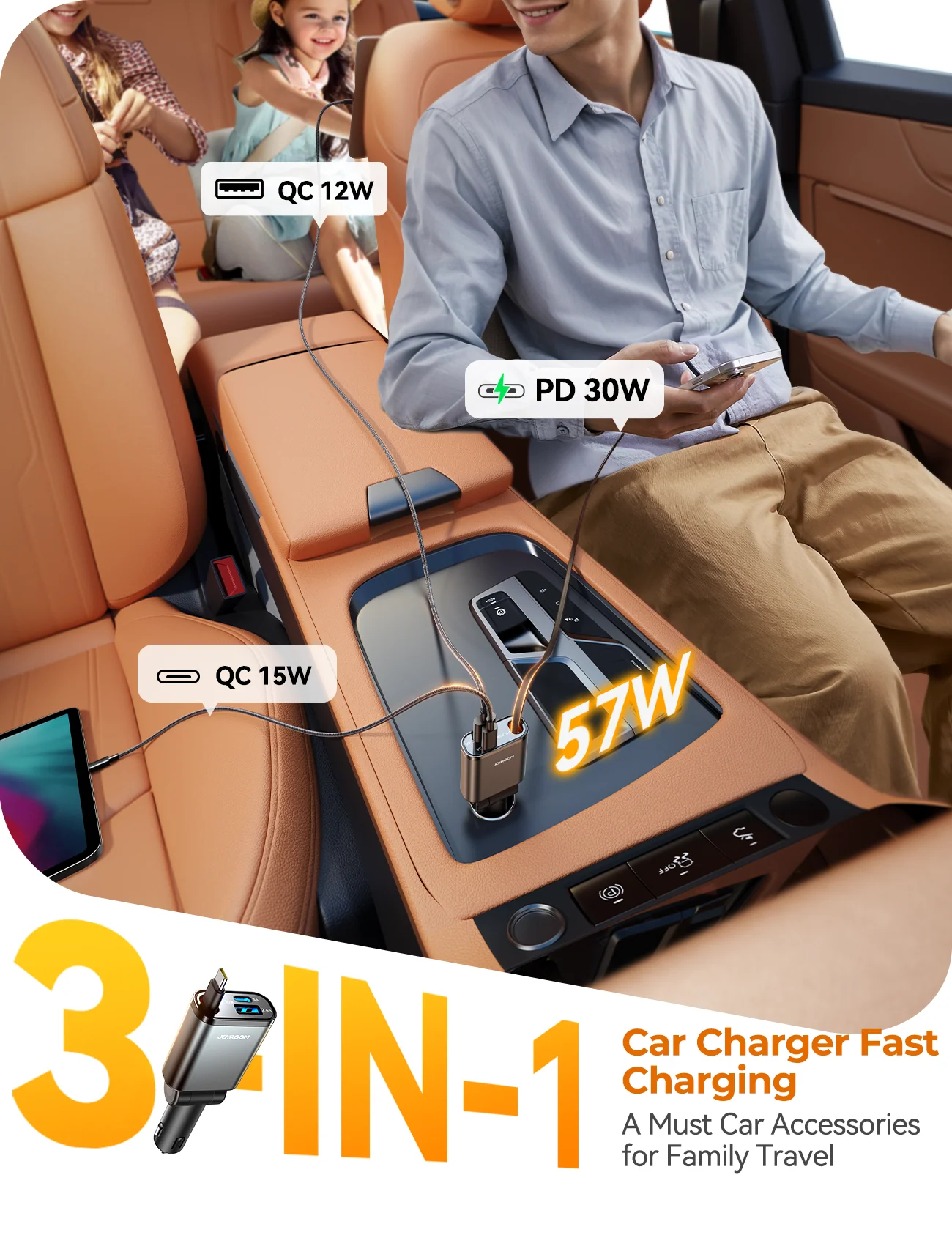 JOYROOM JR-CCL07 3-in-1 Retractable Type-C Cable Ultra-Slim 60W Car Charger شاحن سيارة بكابل تايب سي قابللاللسحب بقدرة ٦٠ واط و منافذ متعدده 12 Cable Type C to C JOYROOM S-A65 -100W – Magnetic self – 1.2m