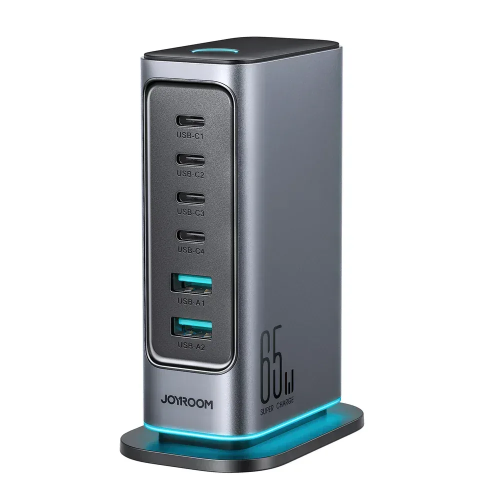 Joyroom JR‑TCM02 65 W GaN Multi‑Port Fast Charger Station with 4 USB‑C & 2 USB‑A Ports 1.5 m Detachable Power Cable محطة شحن جوي روم ب ٤ منافذ تايب سي و منفذين يو اس بي و كابل طاقة متر ونص و قدرة تصل إلى ٦٥ واط 1 اشتري محطة الشحن المكتبي JOYROOM JR-TCM02 بقدرة 65 واط وتقنية GaN. تتضمن 4 منافذ USB-C و 2 منافذ USB-A مع كابل طاقة 1.5 متر لشحن اللابتوب والموبايل بأعلى كفاءة في مصر!