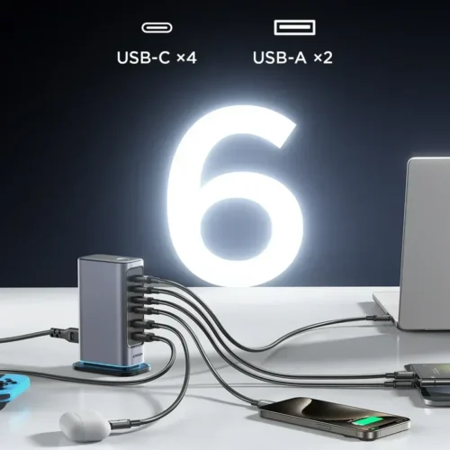 اشتري محطة الشحن المكتبي JOYROOM JR-TCM02 بقدرة 65 واط وتقنية GaN. تتضمن 4 منافذ USB-C و 2 منافذ USB-A مع كابل طاقة 1.5 متر لشحن اللابتوب والموبايل بأعلى كفاءة في مصر!