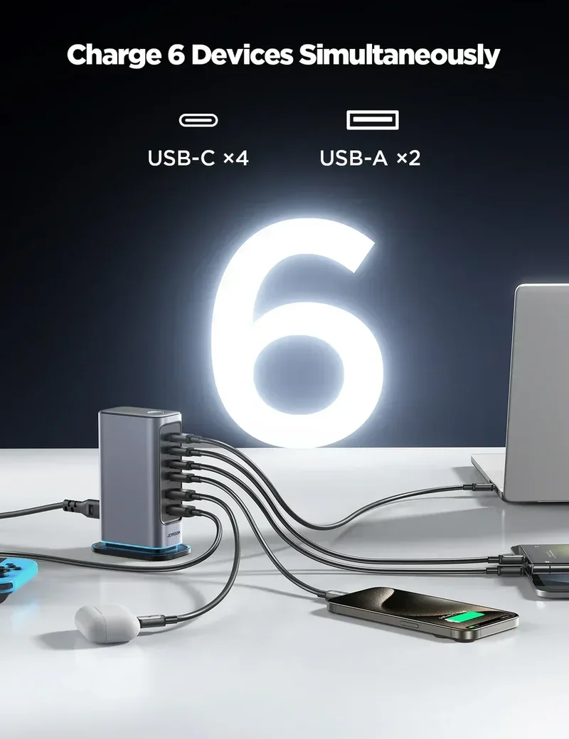 Joyroom JR‑TCM02 65 W GaN Multi‑Port Fast Charger Station with 4 USB‑C & 2 USB‑A Ports 1.5 m Detachable Power Cable محطة شحن جوي روم ب ٤ منافذ تايب سي و منفذين يو اس بي و كابل طاقة متر ونص و قدرة تصل إلى ٦٥ واط 4 اشتري محطة الشحن المكتبي JOYROOM JR-TCM02 بقدرة 65 واط وتقنية GaN. تتضمن 4 منافذ USB-C و 2 منافذ USB-A مع كابل طاقة 1.5 متر لشحن اللابتوب والموبايل بأعلى كفاءة في مصر!