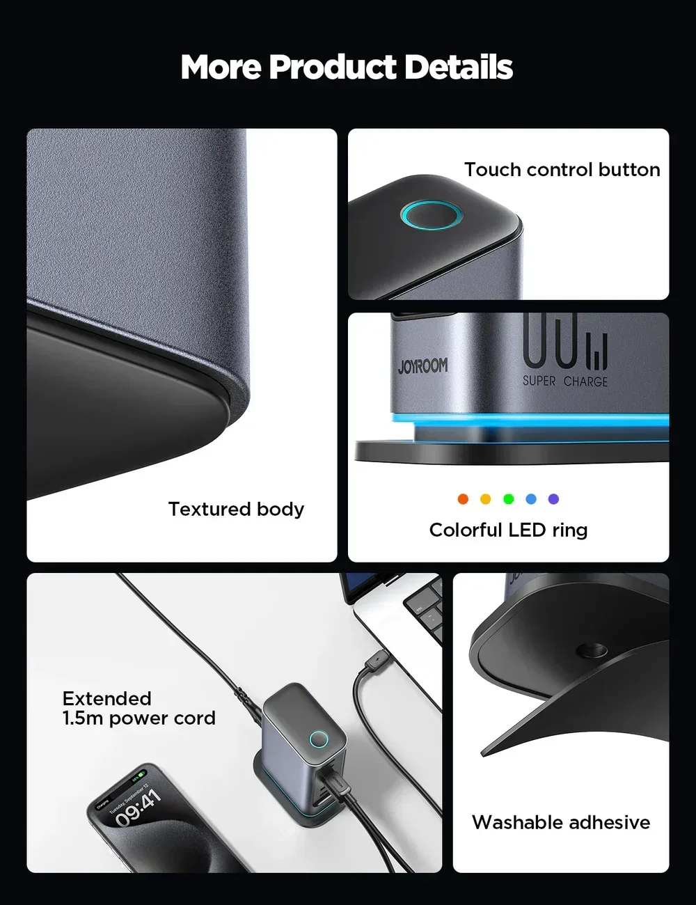 Joyroom JR‑TCM02 65 W GaN Multi‑Port Fast Charger Station with 4 USB‑C & 2 USB‑A Ports 1.5 m Detachable Power Cable محطة شحن جوي روم ب ٤ منافذ تايب سي و منفذين يو اس بي و كابل طاقة متر ونص و قدرة تصل إلى ٦٥ واط 8 اشتري محطة الشحن المكتبي JOYROOM JR-TCM02 بقدرة 65 واط وتقنية GaN. تتضمن 4 منافذ USB-C و 2 منافذ USB-A مع كابل طاقة 1.5 متر لشحن اللابتوب والموبايل بأعلى كفاءة في مصر!