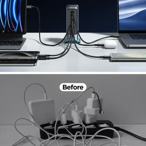 اشتري محطة الشحن المكتبي JOYROOM JR-TCM02 بقدرة 65 واط وتقنية GaN. تتضمن 4 منافذ USB-C و 2 منافذ USB-A مع كابل طاقة 1.5 متر لشحن اللابتوب والموبايل بأعلى كفاءة في مصر!