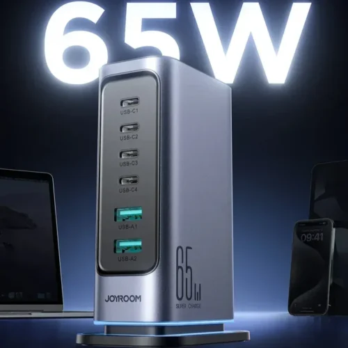 اشتري محطة الشحن المكتبي JOYROOM JR-TCM02 بقدرة 65 واط وتقنية GaN. تتضمن 4 منافذ USB-C و 2 منافذ USB-A مع كابل طاقة 1.5 متر لشحن اللابتوب والموبايل بأعلى كفاءة في مصر!