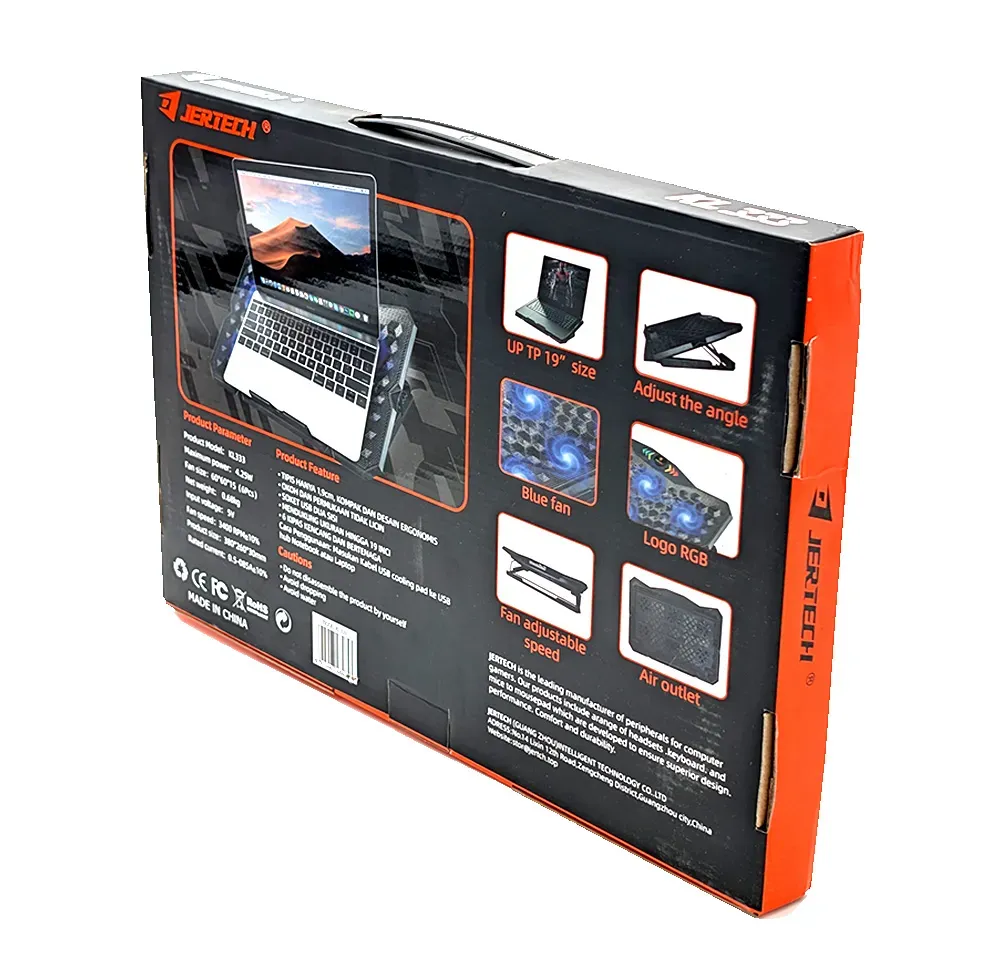 Jertech KL333 6 Fans 2x USB Port Speed Control Support up to 19 Inch Gaming Laptop Cooling Pad قاعدة تبريد لابتوب ب٦ مراوح و تحكم سرعات و ٢ منفذ يو اس بي 11 احصل على أفضل تبريد للابتوب مع قاعدة Jertech KL333 المجهزة بـ 6 مراوح متطورة، تحكم بالسرعات، منافذ USB مزدوجة، وزوايا تعديل ارتقاع مريحة للظهر. تناسب لابتوبات حتى 19 بوصة بأفضل قيمة في مصر!