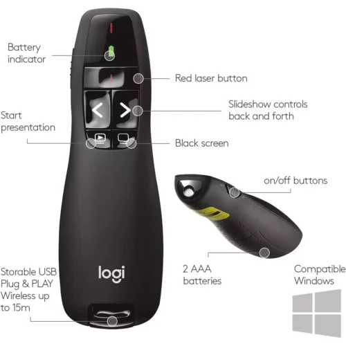 اشتري ريموت البرزنتيشن Logitech R400 High Copy في مصر. مدى لاسلكي 15 متر، مؤشر ليزر أحمر، تركيب مباشر Plug & Play بدون تعريفات. خيار اقتصادي ومثالي للمحاضرات!