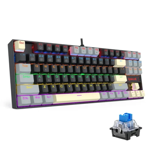 اشتري كيبورد الجيمينج الميكانيكية Redragon K552LGY-R Kumara بحجم TKL مدمج (87 زر). حروف عربي/إنجليزي، سويتشات أزرق، إضاءة Rainbow، ومقاومة للسوائل. اطلبه بأفضل سعر في مصر!