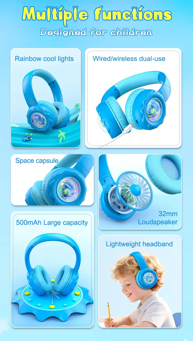 Onikuma B30 Little Dinosaur Ear Wireless Headset with 85dB Kids Ear Protection سماعة هيدفون وايرلس لسن البراعم خفيفة و مريحة للآذن 8 اشتري سماعة الألعاب والدراسة للأطفال Onikuma B30 بتصميم الديناصور الممتع. حماية كاملة للسمع بمستوى أمان 85dB، توصيل بلوتوث 5.4 وسلكي، وبطارية تدوم 10 ساعات. اطلبها بأفضل سعر في مصر!