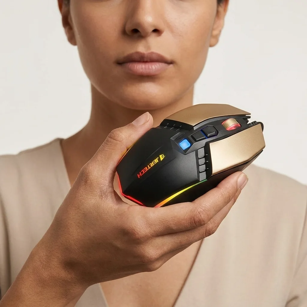 JERTECH JR800 Rumble High Polling Rate 2400DPI With a Metal base USB Wired Gaming Mouse ماوس جيمنج سلكي بمستشعر مطور ٢٤٠٠ دي بي آي بقاعدة معدن 2 اشتري ماوس جيمنج سلكي JERTECH JR800 Rumble في مصر. قاعدة معدنية متينة، إضاءة RGB Chroma، معدل استجابة Polling Rate حتى 1000Hz، ودعم ماكرو للألعاب.