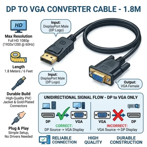 قم بتوصيل جهاز الكمبيوتر أو كارت الشاشة بمخرج Display to VGA على أي شاشة أو بروجكتور VGA بسهولة. كابل 2B عالي الجودة بطول 1.8 متر. اطلبه الآن بأفضل سعر في مصر مع ضمان جودة!