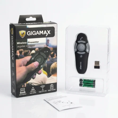 اشتري ريموت تقديم المحاضرات والعروض Gigamax K100 Plus في مصر. اتصال لاسلكي 2.4GHz بمدى يصل حتى 100 متر، مؤشر ليزر أحمر قوي، 5 أزرار تحكم، وتوصيل مباشر بدون تعريفات!