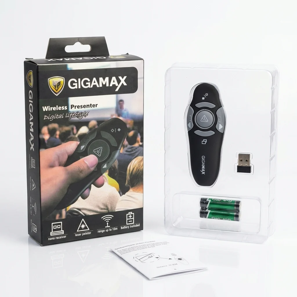 Gigamax K100 Plus Wireless Multimedia Wireless Presentation Clicker with USB Receiver and Laser Pointer Presenter ريموت لتقديم المحاضرات و الباور بوينت وايرلس 8 اشتري ريموت تقديم المحاضرات والعروض Gigamax K100 Plus في مصر. اتصال لاسلكي 2.4GHz بمدى يصل حتى 100 متر، مؤشر ليزر أحمر قوي، 5 أزرار تحكم، وتوصيل مباشر بدون تعريفات!