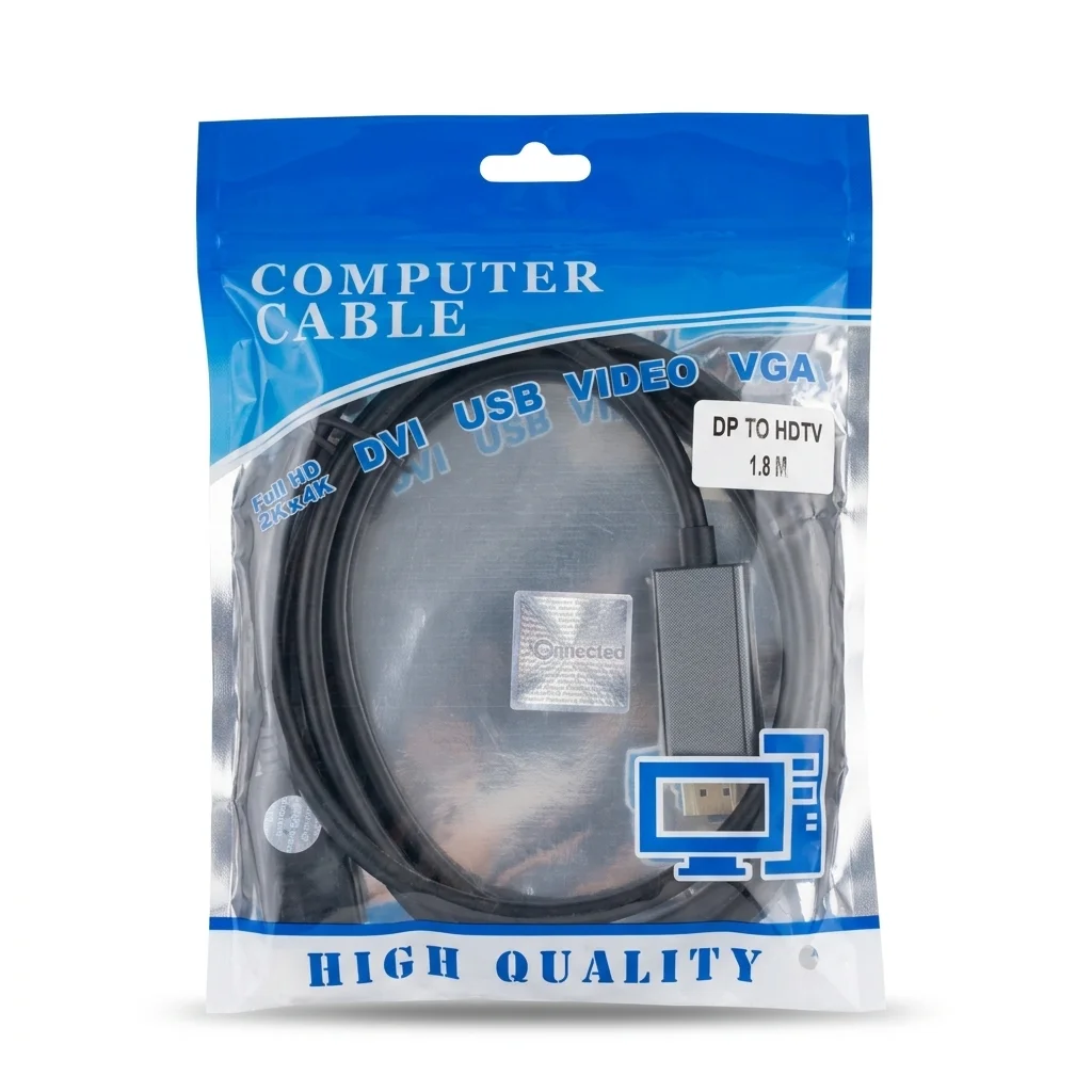 Be-Connected DisplayPort to HDMI Gold Plated Cable 1.8m length كابل تحويل دسبلاي إلى ات دي ام آي 9 وصل جهاز الكمبيوتر أو كارت الشاشة بجميع شاشات التلفزيون بتحويلة DisplayPort to HDMI. متوفر الآن بإصدارين: Full HD 1080p و 4K Ultra HD. كابل Be-Connected بطول 1.8 متر بأفضل سعر في مصر مع ضمان محلي!