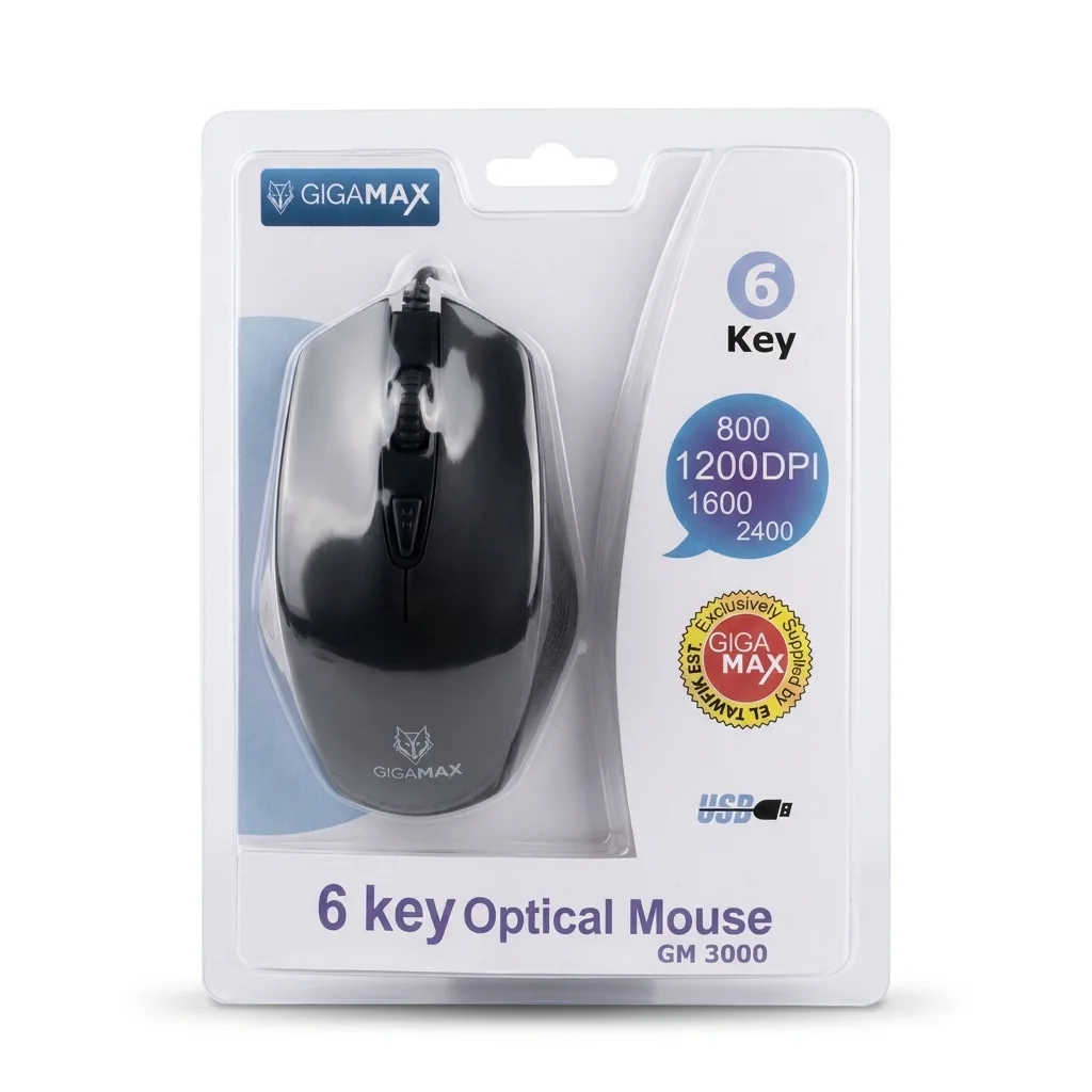 Gigamax Gm3000 USB Wired 6 Keys 2400Dpi Gaming Mouse ماوس جيمنج سلكي ب ٦ أزرار و مستشعر ٢٤٠٠ دي بي آي 7 اشتري ماوس جيمنج Gigamax GM3000 بـ 6 أزرار ومستشعر 2400DPI قابل للتعديل. تصميم مريح وسلك 1.8 متر للسيبرات والألعاب والعمل اليومي بأفضل سعر إكسسوارات كمبيوتر في مصر!