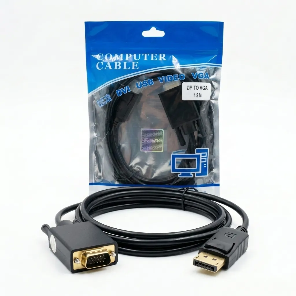 Be-Connected Display to VGA FHD Cable 1.8m Lenght كابل تحويل من دسبلاي إلى فيجا بطول ١.٨ متر 1 قم بتوصيل جهاز الكمبيوتر أو كارت الشاشة بمخرج Display to VGA على أي شاشة أو بروجكتور VGA بسهولة. كابل 2B عالي الجودة بطول 1.8 متر. اطلبه الآن بأفضل سعر في مصر مع ضمان جودة!