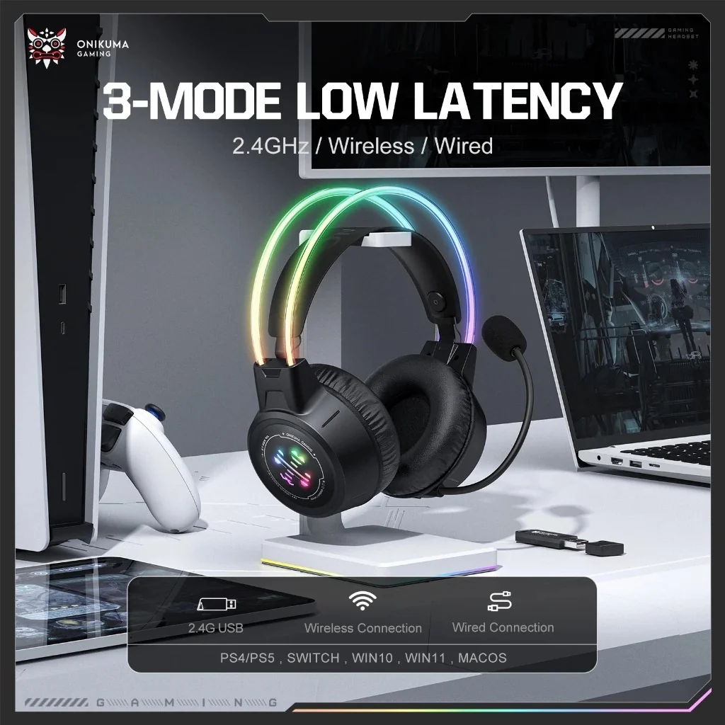 Onikuma GT889 Tri-Mode 2.4G Wired Bluetooth Gaming Headset سماعة هيدفون جيمينج اونيكوما بتوصيل ثلاثي 7 اشتري سماعة الجيمينج الاحترافية Onikuma GT889 بتوصيل ثلاثي (2.4G + Bluetooth 5.4 + سلكي). بطارية ضخمة 1000mAh تدوم حتى 60 ساعة، وصوت محيطي نقي بأفضل سعر في مصر!