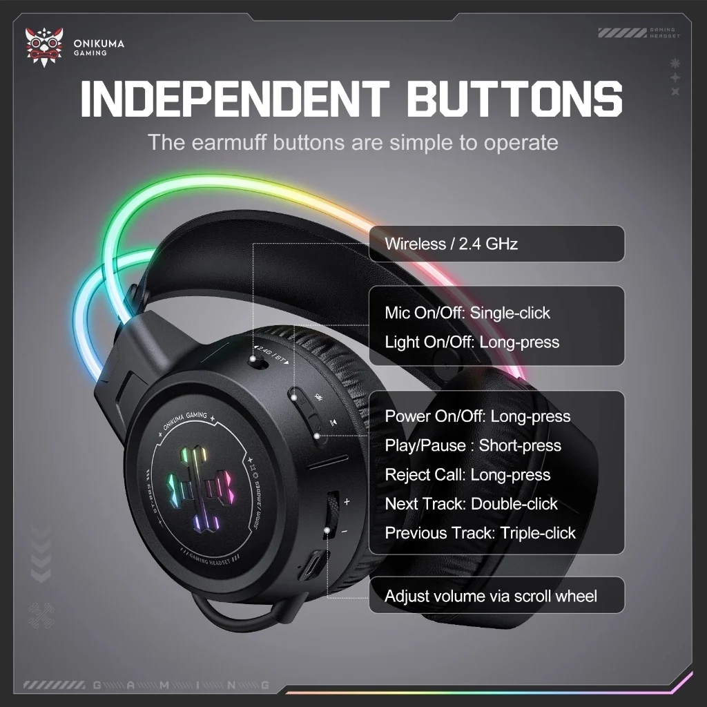 Onikuma GT889 Tri-Mode 2.4G Wired Bluetooth Gaming Headset سماعة هيدفون جيمينج اونيكوما بتوصيل ثلاثي 6 اشتري سماعة الجيمينج الاحترافية Onikuma GT889 بتوصيل ثلاثي (2.4G + Bluetooth 5.4 + سلكي). بطارية ضخمة 1000mAh تدوم حتى 60 ساعة، وصوت محيطي نقي بأفضل سعر في مصر!