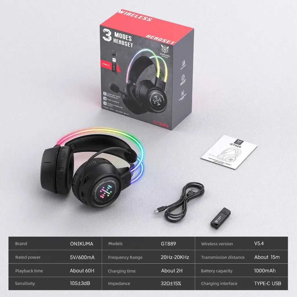 Onikuma GT889 Tri-Mode 2.4G Wired Bluetooth Gaming Headset سماعة هيدفون جيمينج اونيكوما بتوصيل ثلاثي 3 اشتري سماعة الجيمينج الاحترافية Onikuma GT889 بتوصيل ثلاثي (2.4G + Bluetooth 5.4 + سلكي). بطارية ضخمة 1000mAh تدوم حتى 60 ساعة، وصوت محيطي نقي بأفضل سعر في مصر!