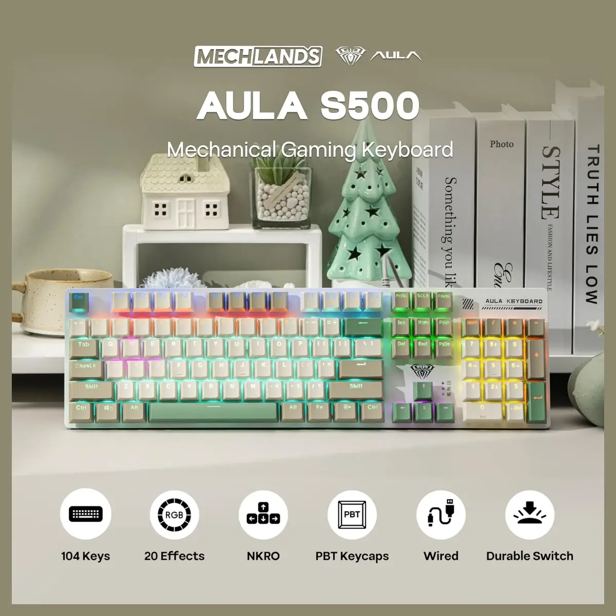 Aula S500 Wired Mechanical Zoned Full-size RGB E-sports Anti-Ghosting Gaming Keyboard RED Switch كيبورد جيمنج إحترافي كامل بمفاتيح سويتش أحمر 7 اشترِ كيبورد الميكانيكال S500 Gaming بأفضل سعر في مصر. تصميم ريترو بألوان ثلاثية مميزة، إضاءة Zoned RGB، شاسيه معدني مات، ودعم Anti-Ghosting كامل لجميع المفاتيح. ضمان ممتاز وشحن سريع!